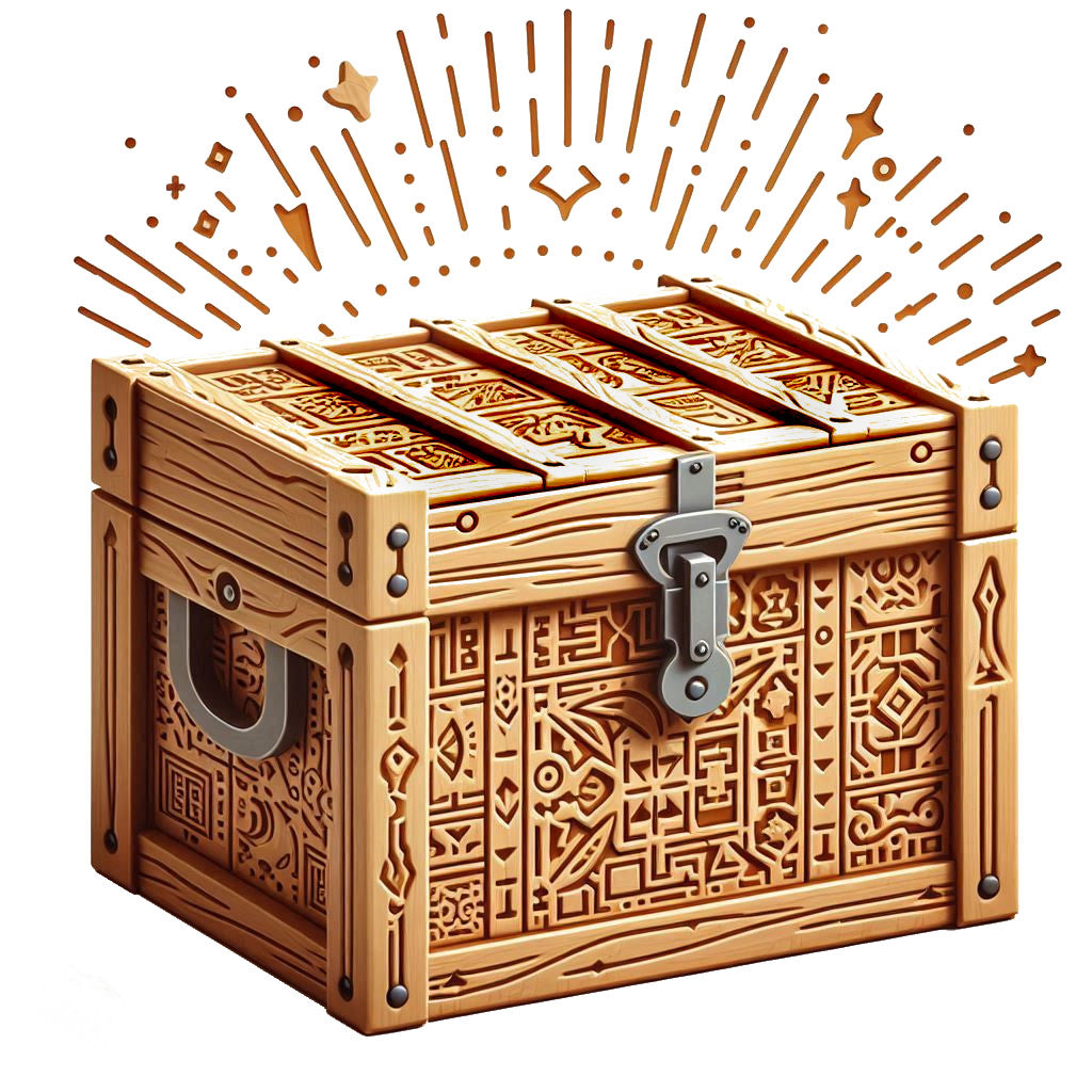 
                  
                    A wooden travelers chest that is covered in interesting symbols and designs
                  
                