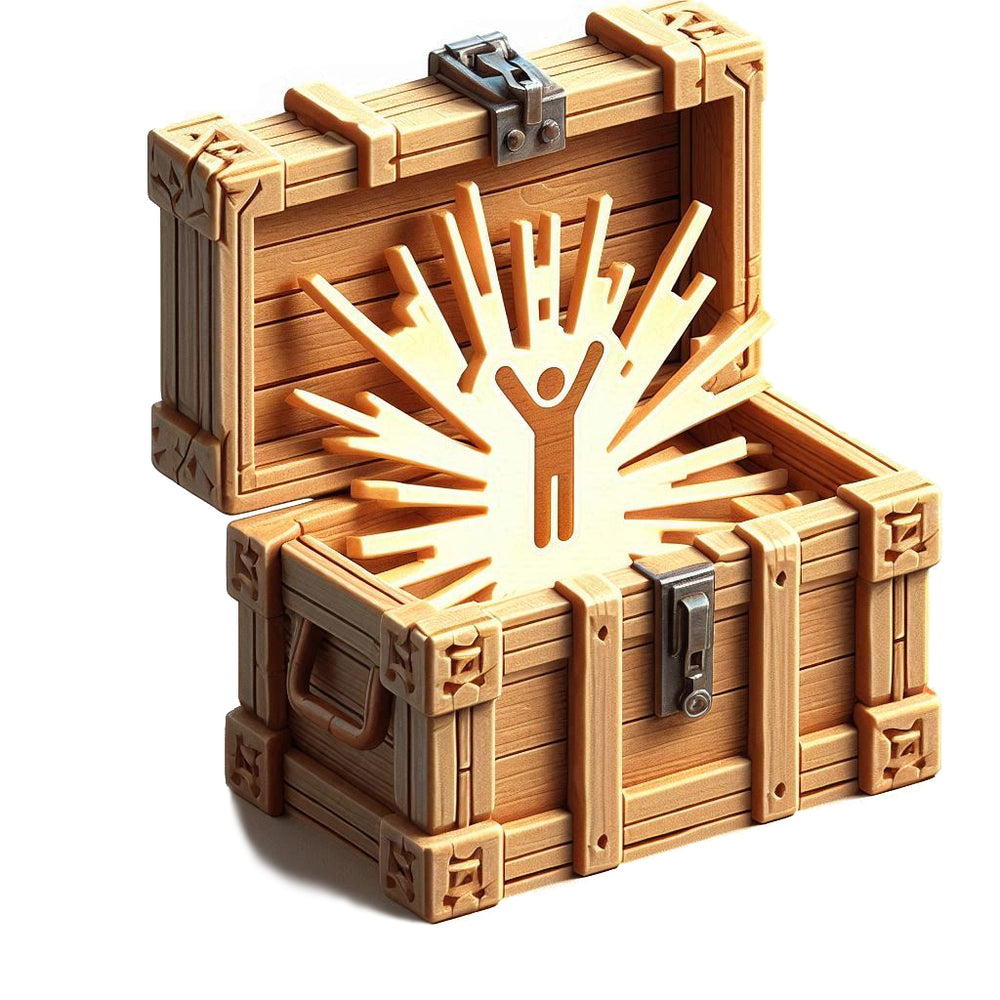 An open wooden travelers chest that has the symbol of a human being jumping out of it in a burst configuration