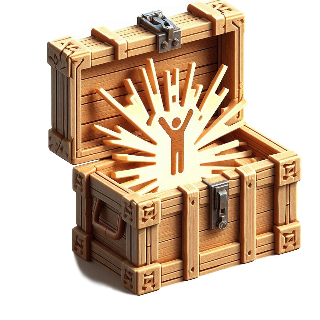 
                  
                    An open wooden travelers chest that has the symbol of a human being jumping out of it in a burst configuration
                  
                