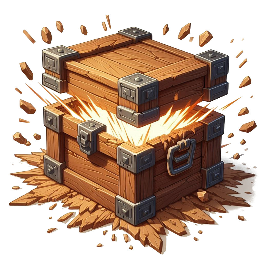 
                  
                    An open wooden travelers chest that has been dropped and the bottom and lid and exploding with debris flying in all directions
                  
                