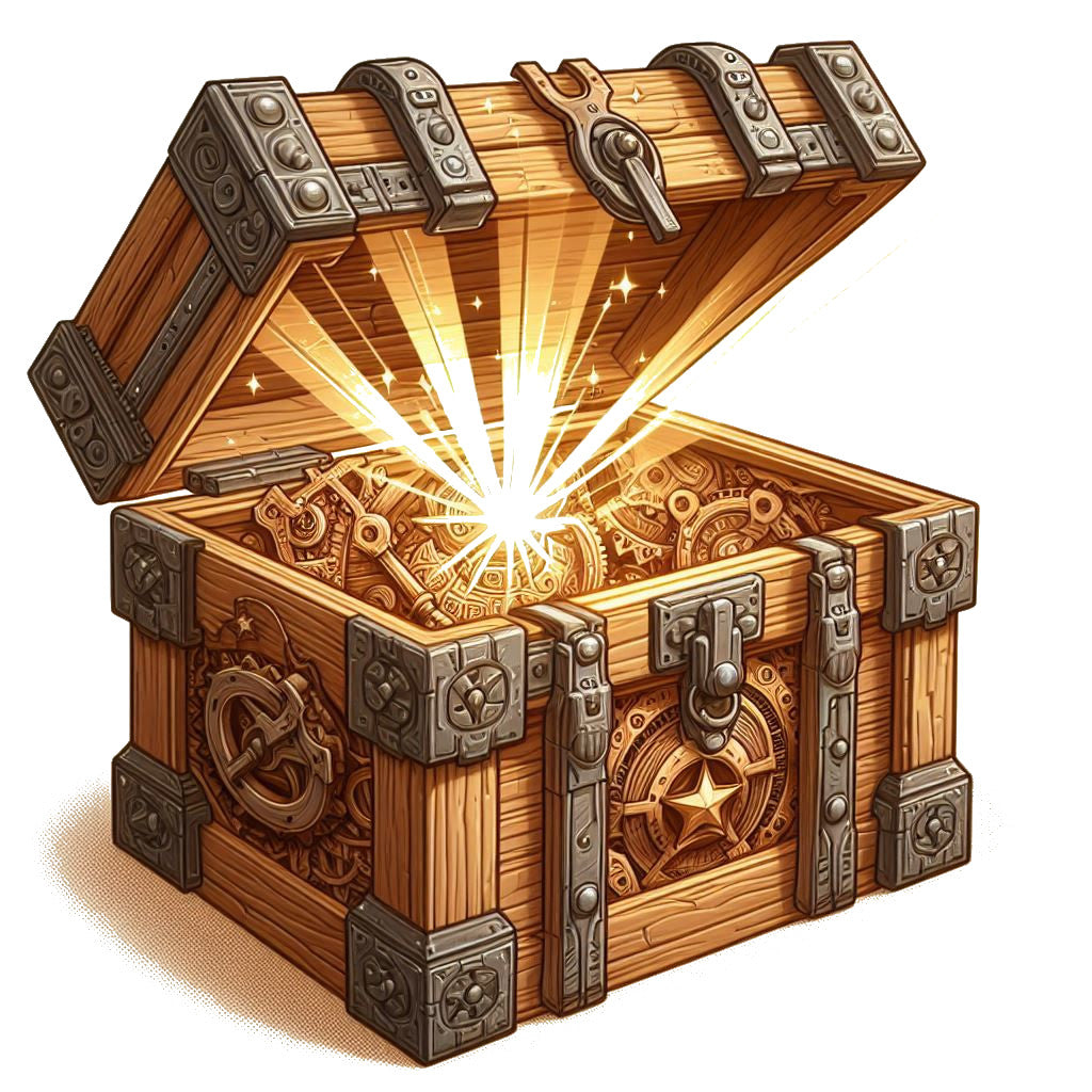 
                  
                    An open wooden travelers chest that has all manners of gears and mechanical devices inside of it and built into the exterior
                  
                