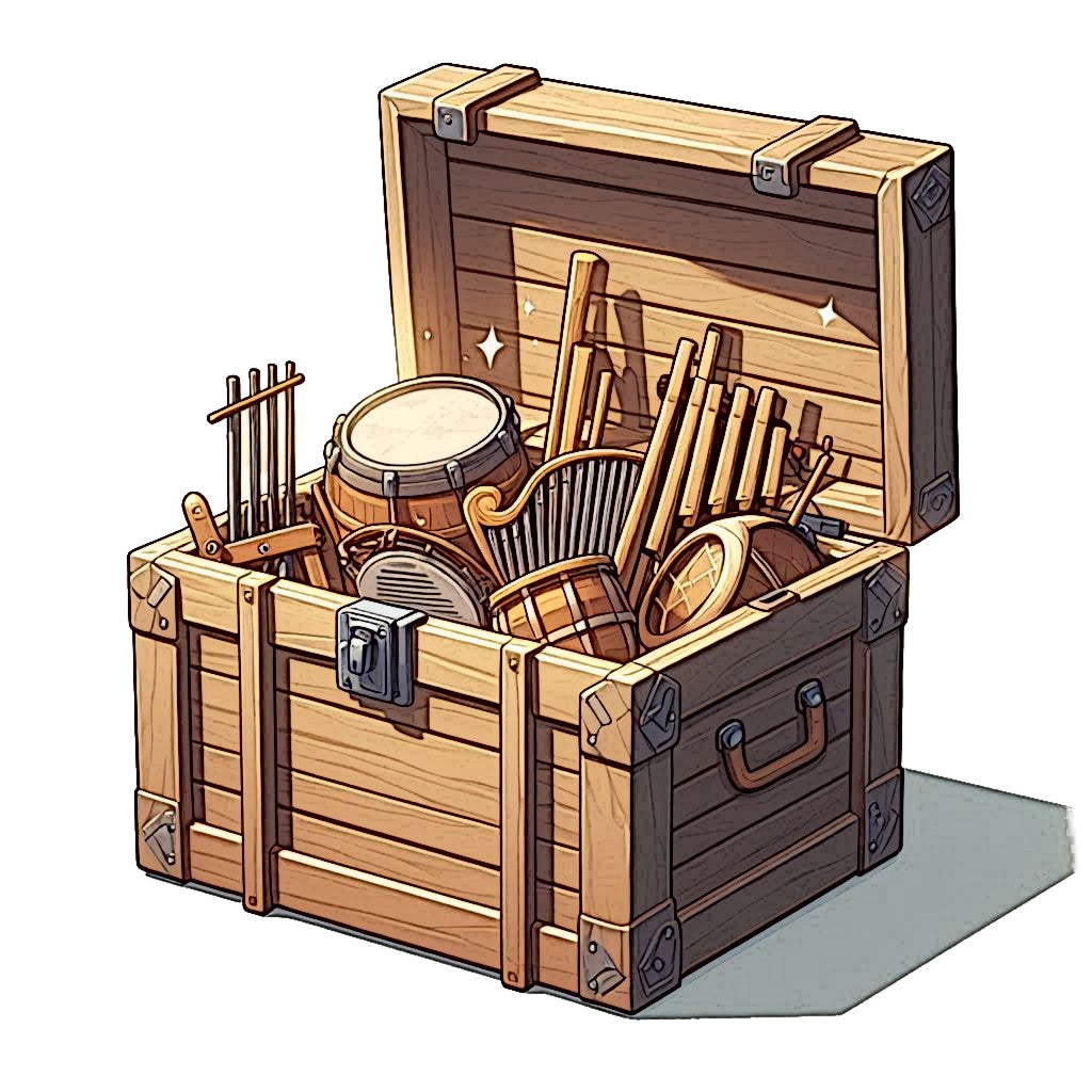 
                  
                    An open wooden travelers chest that has multiple instruments of all different types piled up inside of it
                  
                