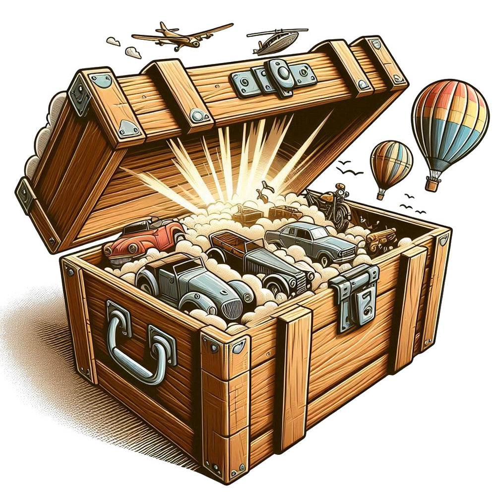 
                  
                    An open wooden travelers chest that has cars, planes, hot air balloons, motorcycles, and other vehicles flowing out of it
                  
                