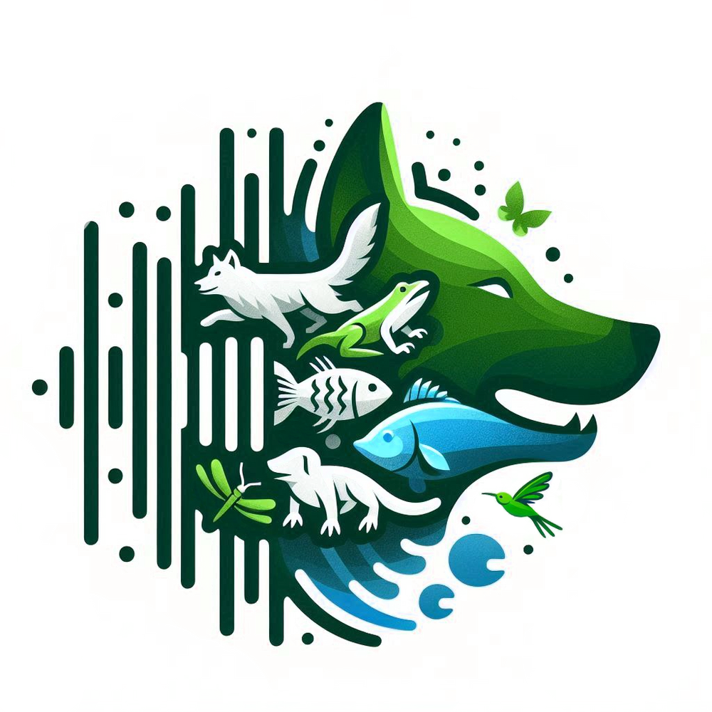 Faunal Aural Codex emblem with a variety of minimalistic animal shapes  in green and blue blended into a sound wave on a white background