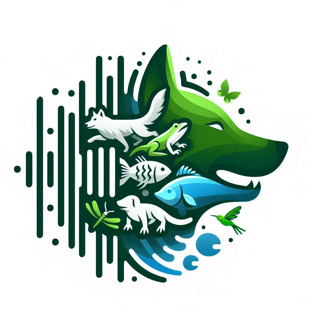 Faunal Aural Codex emblem with a variety of minimalistic animal shapes  in green and blue blended into a sound wave on a white background